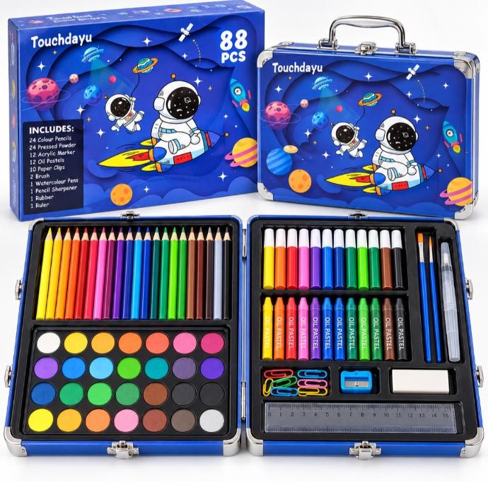 Set  de Arte Touchdayu 88 Piezas Estuche Metálico Azul Espacial.