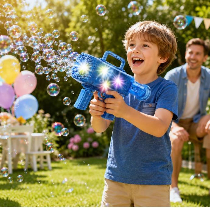 Pistola Lanzadora De Burbujas Bubble Gun 46 Huecos + Luces