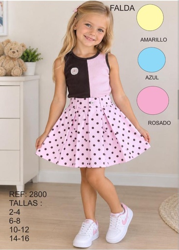 Conjunto Infantil de Camiseta Bicolor y Falda de Lunares
